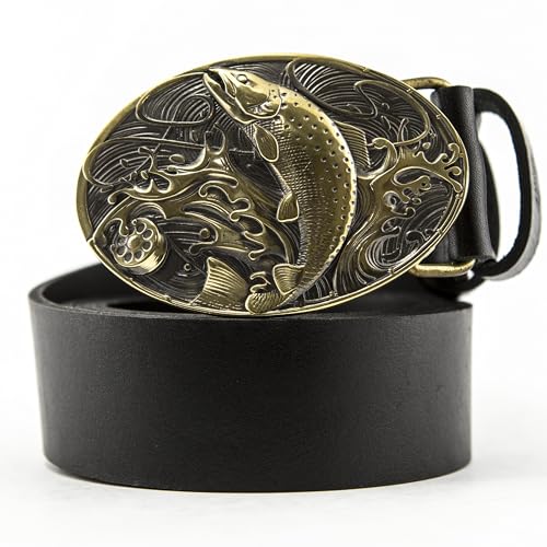 Leather Belt with brass buckle Trout, Handmade fisherman solid brass belt buckle Salmon2