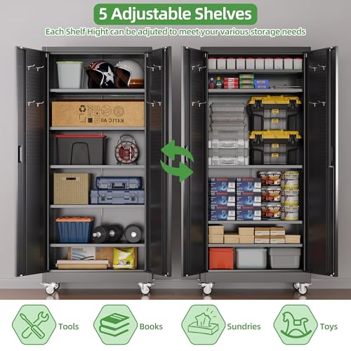 Image of 71 in. Garage Storage Cabinet with Wheels, 5 Shelves, Black