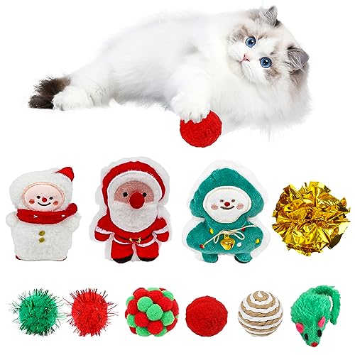 LOMIMOS 11PCS Christmas Cat Toy, Catnip Filled Teething Chew Bite Resistant Toy for Indoor Kitten Kitty Exercise Xmas Tree Snowman Santa Gift