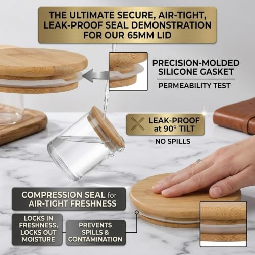 Image of 65 mm Bamboo Wooden Lid for Glass Jars with Silicone Seal Ring | Airtight Replacement Lid | Natural Eco-Friendly Reusable Lid for Kitchen Storage Containers