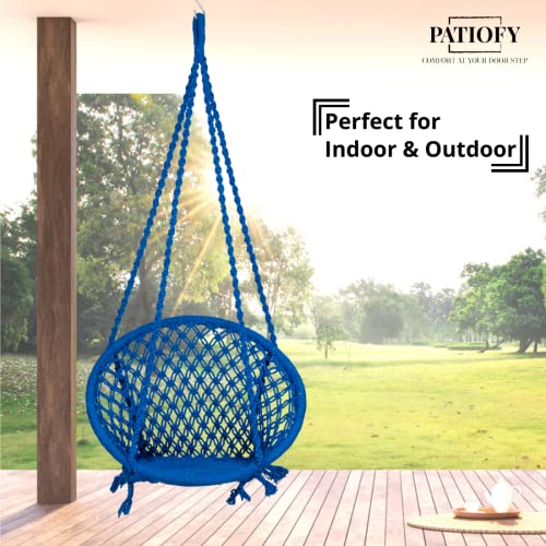 Image of Patiofy Cotton Netted Round Large Swing for Adults /Swing for Balcony /Swing Chair for Adults for Home /Hammock Swing for Adults /Swing Chair Wooden /Without Hanging Kit (120Kgs Weight Capacity- Blue)