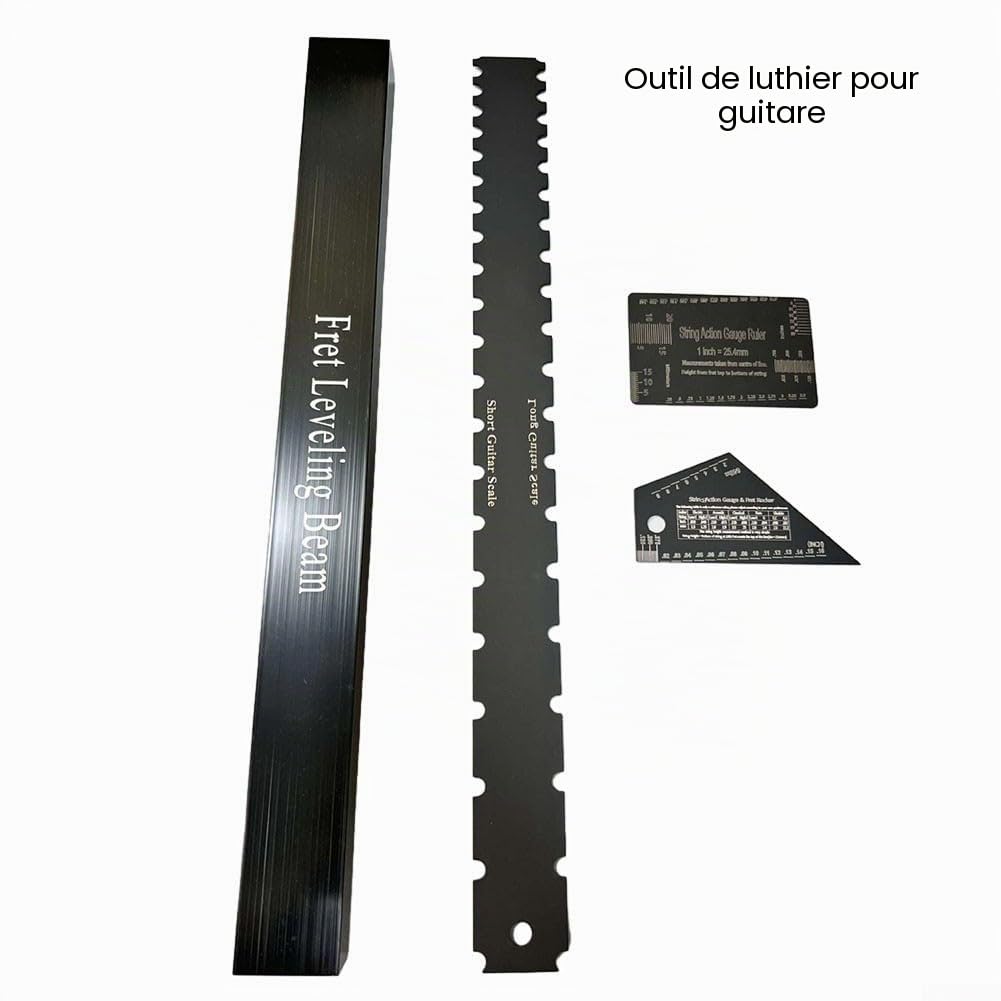 Kit d'entretien de guitare 4 pièces – Outils d'entretien de guitare avec outil de nivellement des frettes, jauge d'action des cordes, kit de nettoyage professionnel pour guitare électrique et