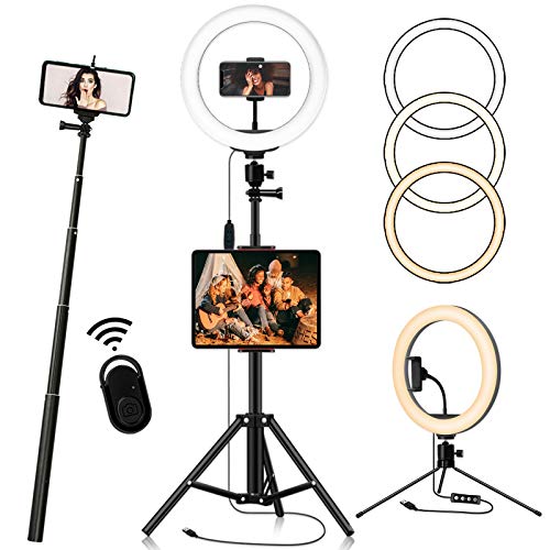 Ring Light with 76.7" Extendable Tripod Stand and 2-in-1Phone/Tablet Tripod, 12-inch Selfie Ring Light Full Kit, Dimmable Desk Makeup Circle Led Ring Light for TikTok, 3 Modes 10 Brightness Levels
