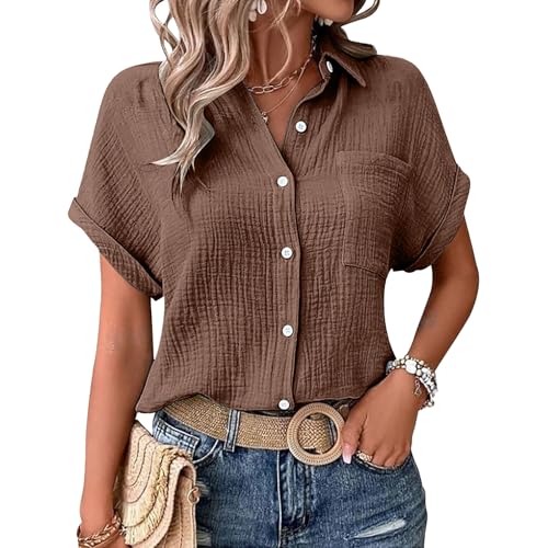 Gauze Shirts for Women Summer Casual Lightweight Button Down Dressy Tops Short Sleeve Textured Collared Work Blouses Vacation Clothes Plus Size Ladies Cotton Clothing Teacher Senior Clothes Coffee