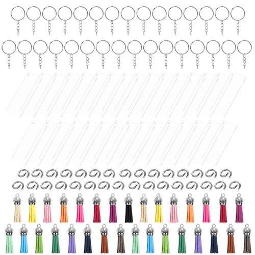 124 Piezas Rectángulos Acrílicos Llavero Kit, Llaveros Acrílicos Transparentes, Colgantes de Borlas y Anillas Abiertas para Manualidades y DIY