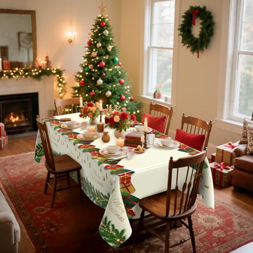 2 PCS Plastic Christmas Tablecloths(54x108 Inch) Rectangle Disposable White Green Holiday Xmas Table Cloths Cover Vinyl Merry Party Favors Supplies Decorations Bell Cane Tree Picnic Dinner Decor – Image 6