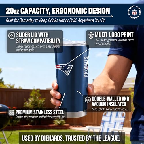 Image of New England Patriots NFL 20oz Stainless Steel Insulated Tumbler, Slider Lid | Officially licensed Patriots drinkware; double-wall vacuum construction; cupholder compatible; BPA-free; hand wash only
