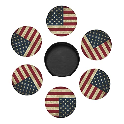 Asefcnxkjii Patriotic American Flag Leather Coasters For Drinks Set Of 6,Waterproof Coasters Table Protective Non-Slip Pads, Round Cup Mat For Home And Kitchen Bar 3.9 In #TOP3