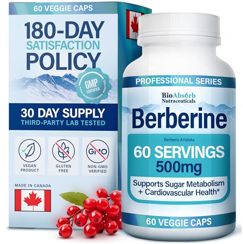 Berberine 500mg Supplement, 97% Tested Purity Berberine Supplements Sourced From Non-GMO Berberis Aristata (60 Veggie Caps of Berberine HCL)