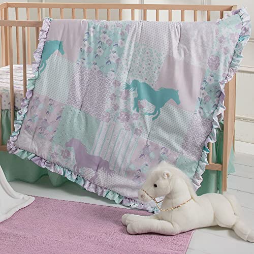 Rod's Western Baby Cowgirl Princess Pony Nursery Crib 3 Piece Bedding Set, Purple, Turquoise, Pink Patchwork Of Horses, Flowers, Stripes, And Dots #TOP1