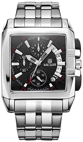 Megir Montre à quartz analogique pour homme en acier inoxydable avec cadran rectangulaire, Noir , Robe