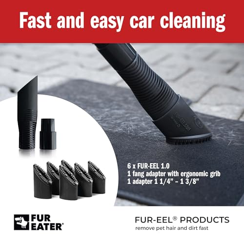 Image of FUR-EEL PRO 1.0 Pet Hair Vacuum Attachment, Rubber Pet Hair Remover, 6 kit | for Car Detaling, Removes Dog Cat Hair, Dirt, rubber bristle fits 1-1 /4, 1-3 /8, 1-1 /2 in Round Hoses, Fang Handle & Adapter