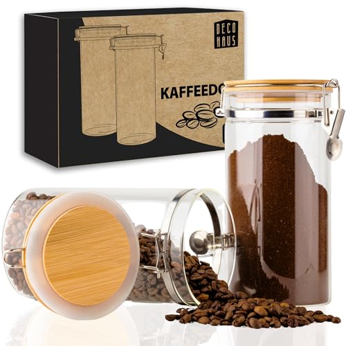 Deco haus® Juego de 2 Bote Cafe 1300ml [+ETIQUETAS] - Tarros de Cristal para Cafe - Botes de Cristal con Tapa - Bote Cafe Hermetico - Bote Para Cafe en Grano -Bote Hermetico - Bote Para Cafe Molido