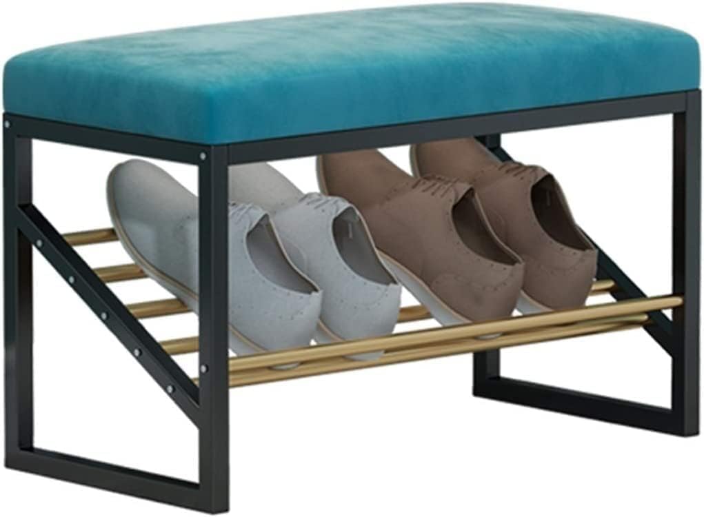 KLGFBDC Nordic Entryway Shoe Bench with Wrought Iron Frame – Stylish Blue Storage Stool & Shoe Rack for Hallway Bedroom or Living Room – Functional End of Bed Bench