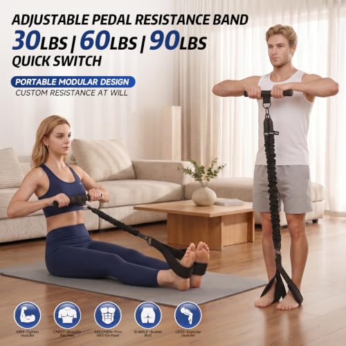 Image of Pedal Resistance Band with Handle, 90LBS Adjustable Exercise Band | Full-Body Resistance Exercise,Adjustable 30 /60 /90LB,Portable Equipment,Multiple Colors