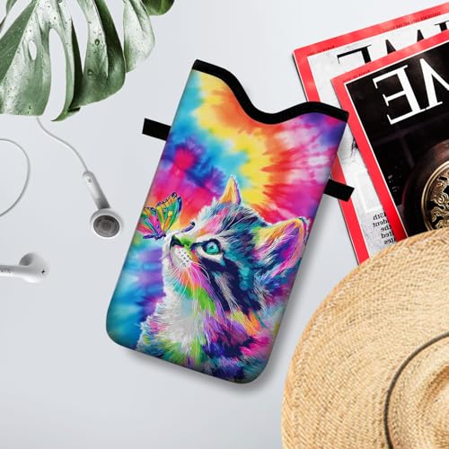 Image of Neoprene Cell Phone Sleeve Pouch Case Bag with Crossbody Strap Neck Lanyard for Women 7.1 X 3.9 in Tie Dye Cat
