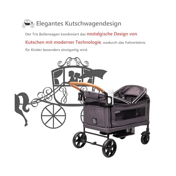 vickey Bollerwagen Faltbar mit Dach 2 Kinder, Cargo-Bollerwagen, Faltbarer Handwagen Schiebegriff, Duo-Kinderwagen Stoßfest PU Räder mit Bremsen, Getränkehalter, 100LGrau