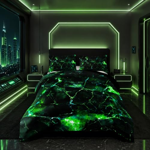 Image of Nttopship Green Comforter Set Twin Size,Green Marble Bedding Set 3 Pcs Bedding for Adults, Marble Room Decor with Comforter and 2 Pillowcases Soft and Lightweight B-Side Black