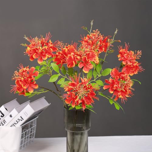 3Pcs 23.6' Artificial Peacock Flowers Red Silk Fake Bird of Paradise Flowers Flame Flower Faux Caesalpinia Pulcherrima Tropical Plants for Wedding,Halloween,Christmas,Party, Home Decor (Red)