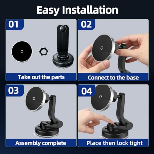 Image of Magnetic Phone Mount for Car, 15W Wireless Car Charger, Dashboard Phone Holder and Windshield Mount, Extendable 360 Degree Arm, Washable Gel Suction Cup, Metal Ring and Cable Included