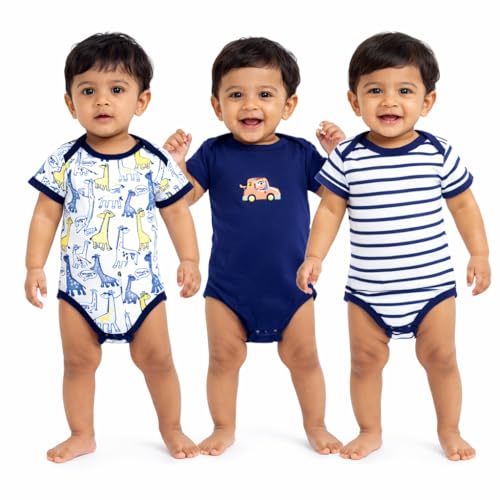 Image of VParents Rompers for New Born Baby Girl & Boy (Pack of 3), 100% Cotton Half Sleeve Romper /Bodysuit /Jumpsuit /Onesies /Sleepsuit For Infants & Toddlers, Comfortable Daily Wear Clothes For Babies
