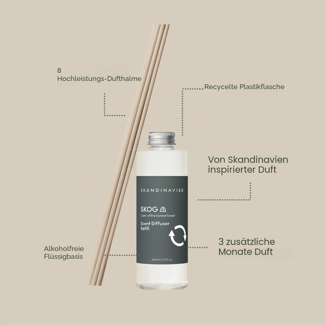 Skandinavisk Skog Duftstäbchen Diffusor Nachfüllung - Kiefernnadeln und Tannenzapfen, Birkensaft und Maiglöckchen - Vegan - Nachfüllflasche aus recyceltem Kunststoff, 200 ml
