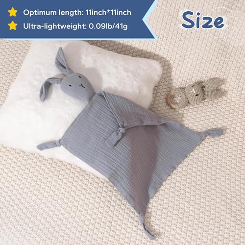 Image of ZIGJOY Bunny Lovey Muslin Cotton Baby Security Blanket Soft Breathable Lovies for Babies Gifts for Newborn Infant Toddler Boys and Girls, Grey