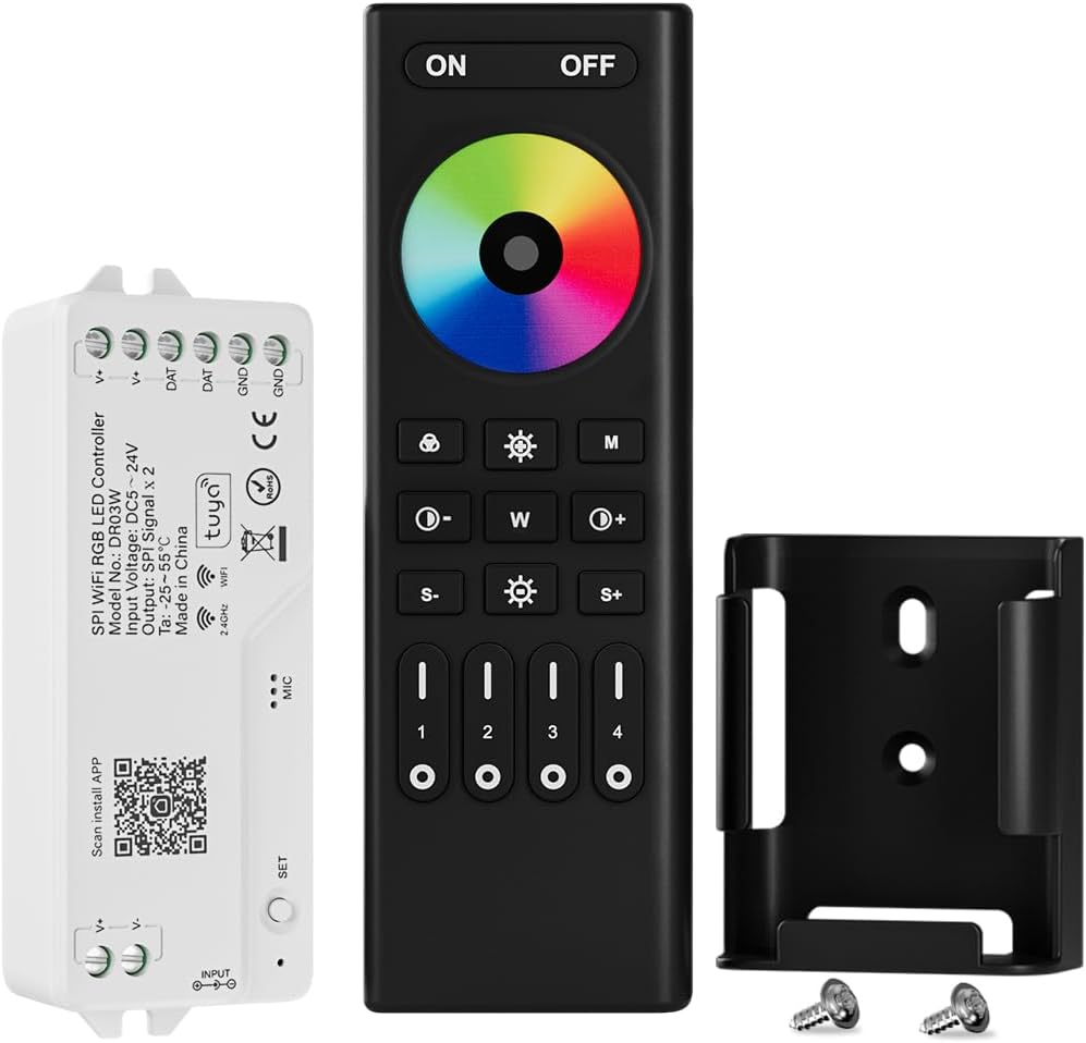 2.4G WiFi SPI RGB LED Controller DR03W and RF Remote RC03RFB Kit Support Tuya/Smart Life APP Control Third-Party Voice Control for WS2811 WS2812B WS2813 WS2815 etc RGB LED Strips
