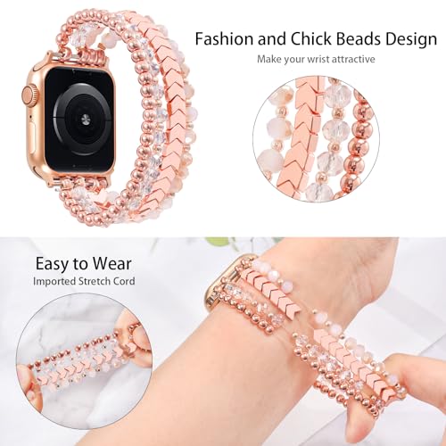 Image of MOFREE Beaded Bracelet Compatible for Apple Watch Band 38mm 40mm 41mm 42mm 44mm 45mm Women,Fashion Handmade Elastic Stretch Strap for iWatch Series SE 8 7 6 5 4 3 2 1