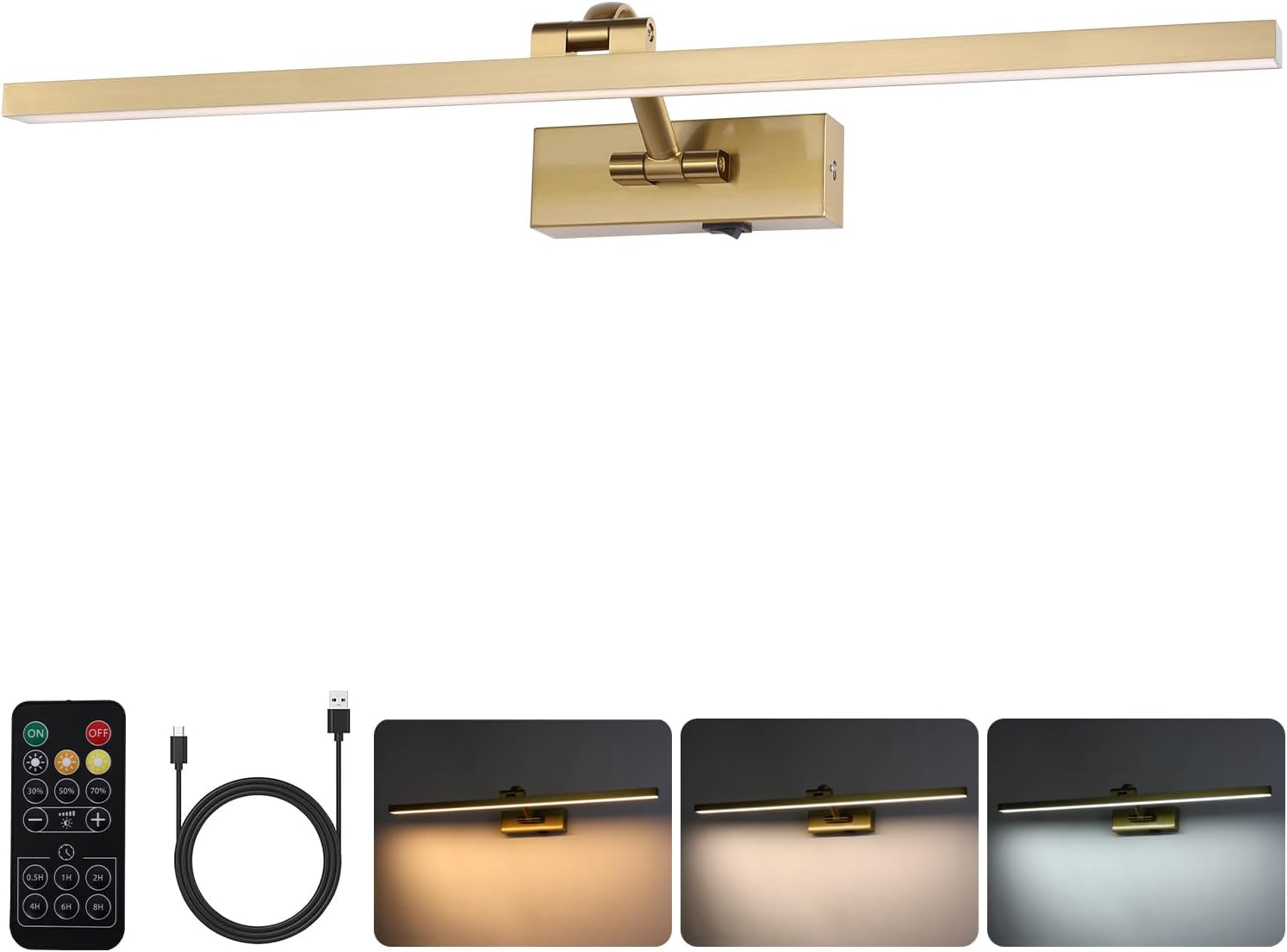 Wireless Picture Lights for Wall Battery Operated, Brass Art Lighting for Paintings Rechargeable Gallery lights with Remote and Timer 3CCT Dimmable Painting Lights for Artwork Portrait 23.6 inch Battery Operated Brass 23.6 inch