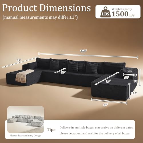 Image of 168 inch Cloud Sectional Couch, Comfort U Shaped Sofa for Living Room, Extra Deep Seats No Assembly, Minimalist Modular Couch, Corduroy (Black, 7 Seats,U-Shape C)