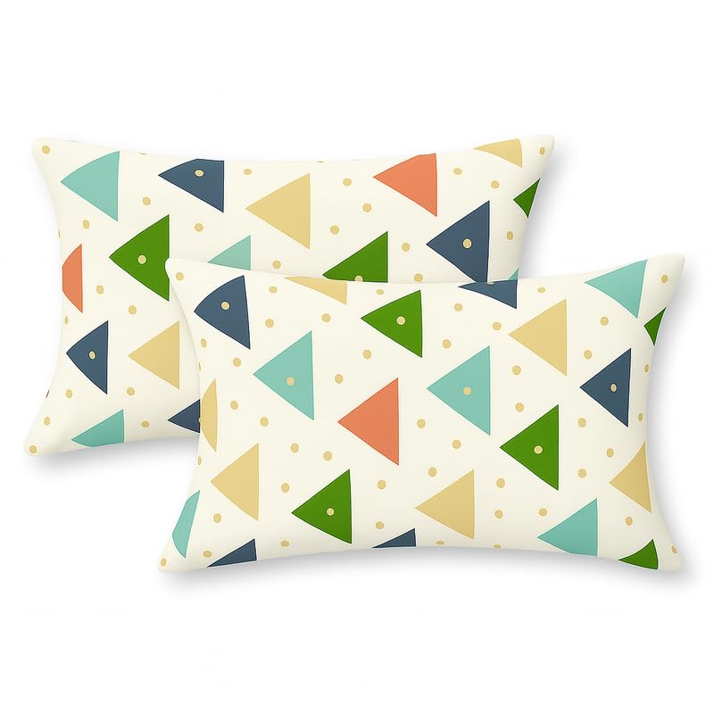 Image of Fitted Sheet Multicolor Geometric Triangle Print Glace Cotton 140 TC King Size (72x78 Inch) with 2 Pillow Covers (18x28 Inch) Deep Pocket up to 10 Inches - Soft & Comfortable