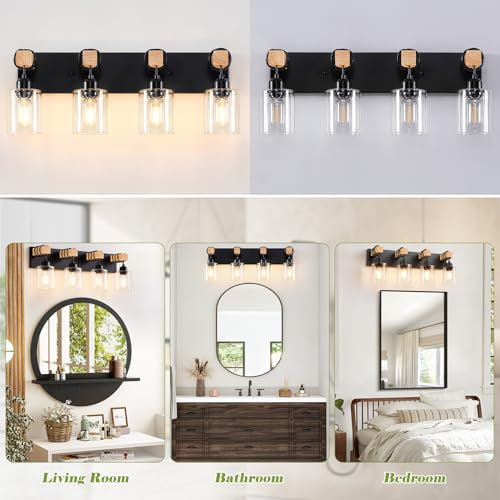 Image of Licperron 4-Lights Farmhouse Vanity Lights for Bathroom, Matte Black Bathroom Light Fixtures with Clear Glass Shade, Rustic Wood Wall Lighting Fixtures Over Mirror for Bedroom, Living Room, Hallway