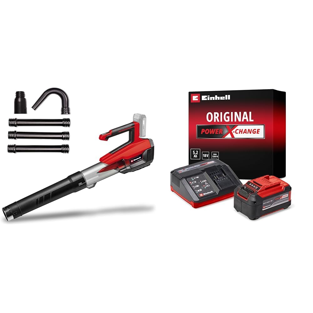 Soplador de Hojas con batería GP-LB 18/200 Li GK-Solo Power X-Change Einhell (Iones de Li, 18V, tecn. de rodete axial, Pot. de soplado 670m³/h, Set de Limpieza de canalones, Starter Kit 5,2 Ah