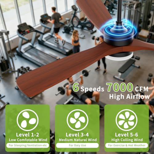 Image of 60 Inch Ceiling Fans with Lights and Remote Control, Walnut Ceiling Fan with Light for Bedroom, Living Room, Covered Outdoor, 6 Speeds Reversible Noiseless DC Motor, 3CCT, Dimmable LED Light