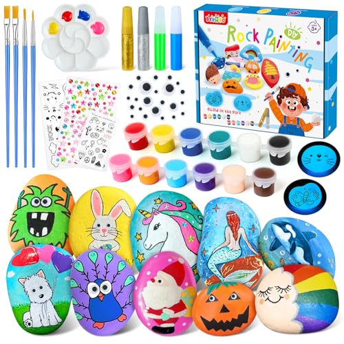 BYHANO Rock Painting Kit Arts and Crafts for Kids Glow in The Dark Rock Kit Stones for Paintingt with 12PCS Paint Rocks Creative Toys&Christmas Birthday Party Gift for Kid Ages 3+