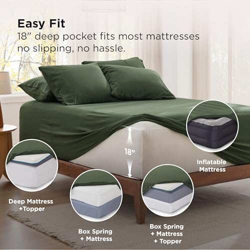 Image of Bedsure Deep Pocket Twin Sheets - 4 Piece, Prewashed Ultra-Soft Twin Sheets Set, Fits Mattresses Up to 18 Inches Thick, Breathable & Secure Fit, Hotel Luxury Bedding, Olive Green