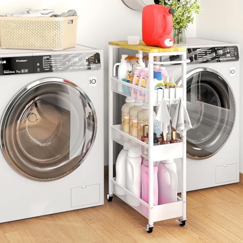 Vincona 7.1 Wide Slim Storage Cart on Wheels 4 Tier Metal Narrow Rolling Cart with Handle and Wood Top Multifunctional Small Mobile Shelf Unit Organizer Trolley for Laundry Bathroom Kitchen