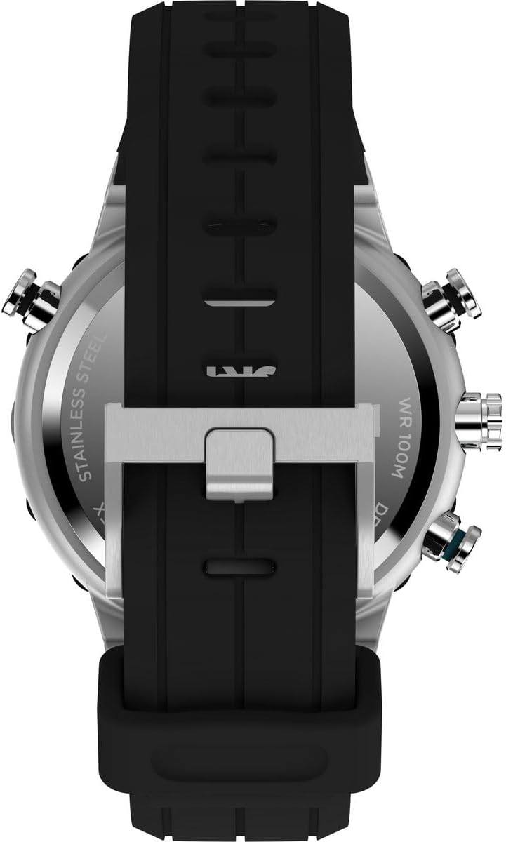 Fèmen view of the black silicone strap and buckle of the Timex TW2W24200 watch.