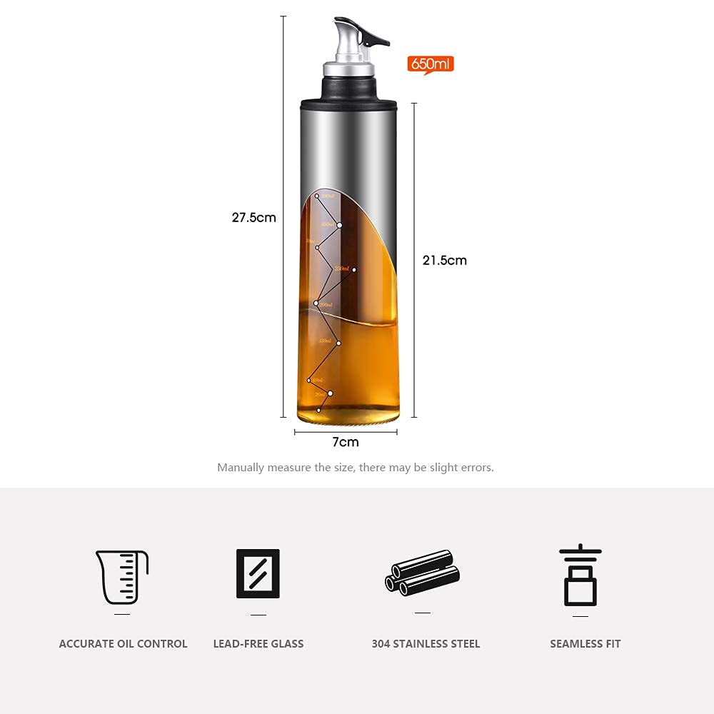 MRKU Ölspenderflasche, auslaufsicher, für Küche, Kochen, Olivenöl, Essig, 650 ml, mit Skala, Glas-Essig-Set