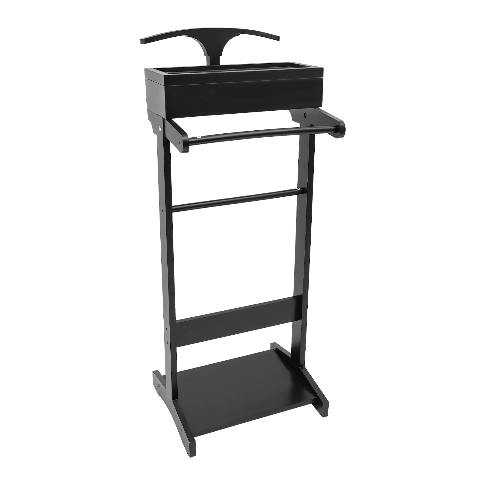 Valet Stand with Drawer and Top Tray, Wood Mens Suit Valet Stand with Wood Base, Freestanding Clothes Valet Stand with Hanger, Storage Organizer for Entryway Office Living Room (D, Black)