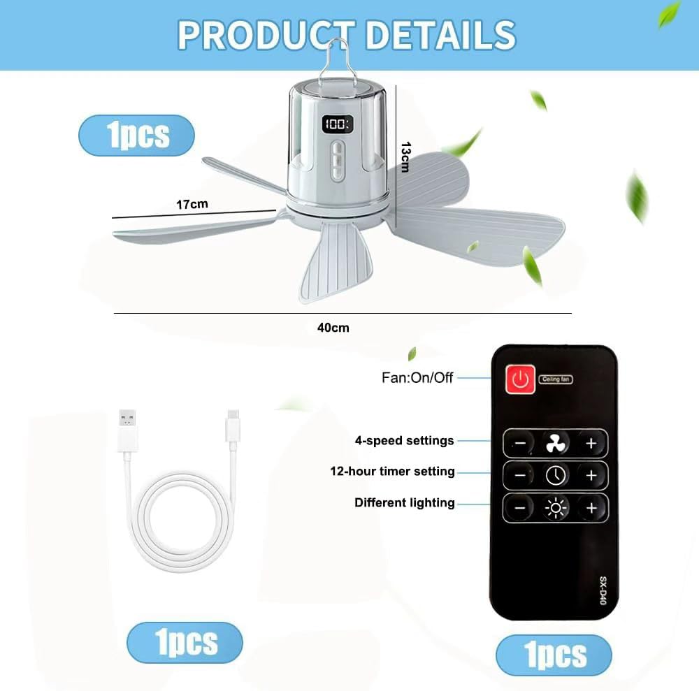 Deckenventilator Akku mit Beleuchtung Camping, Aufladbar Deckenventilator mit Licht und Fernbedienung, USB, Timer, Mobiler Ventilator Akku für Outdoor Außenbereich, Pavillon Terrasse (38cm-10800mAh)