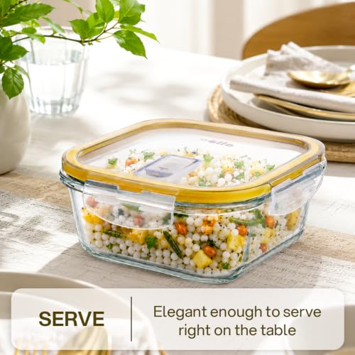 Image of CELLO Fit & Fresh Square Lunch Box Container For Daily Use 320 ml, Clear | Microwave & Fridge Safe Toughened Glass Airtight Leakproof Food Storage Tiffin Box Container For Kitchen, Travel & Office Use