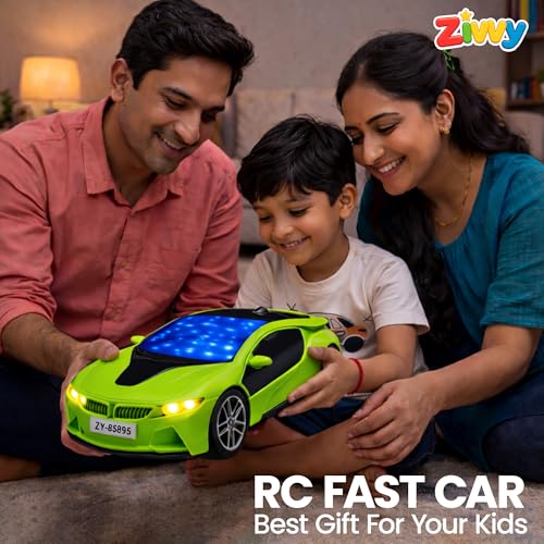 Image of Green Rechargeable Remote Control Car Toy, RC Racing Vehicle for Children, High Speed, 3D LED Light Car, Kids Battery Car, RC for Boys & Girls, Toys for Kids, Birthday Gift for Boys and Girls