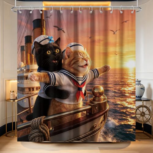 Image of Extra Tall Shower Curtain XL Fun Black Cat, 70 x 96 Inchs