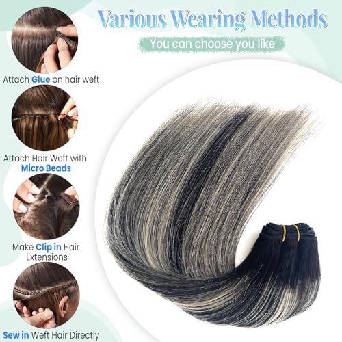 Image of Balayage Blonde Highlight Weft Hair Extensions Human Hair Weave Extension Black Hair Balayage White Grey Highlights Sew in Hair Extensions Real Human Hair Wefts 18 Inch Hair Wefts Weave Bundles 100G