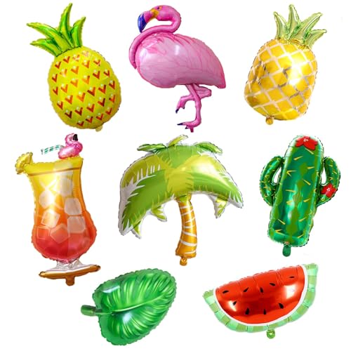 Hawaii Frutti Fenicotteri Balloons, 8 PCS Hawaii Palloncini Fenicotteri Ananas, Hawaiano Palloncino set, Ananas, Albero di Cocco, Cactus Palloncini Feste Hawaii, per Spiaggia, Piscina Festa (B)