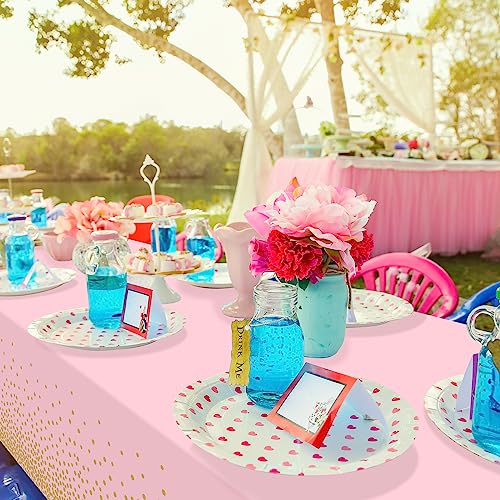 Image of FunnyPars 4 Pack Pink and Gold Plastic Tablecloth for Parties, Pink Disposable Table Cloth for Rectangle Tables, Gold Dot Confetti Light Pink Tablecloth for Birthday Wedding Baby Shower Party, 54x108