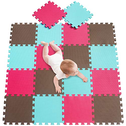 meiqicool Alfombra puzle 142 x 114cm Niños 18 Piezas Cuadrado Goma Espuma EVA,Alfombra Puzzle para Niños Bebe Infantil,esteras de 30x30cm Marrón Turquesa y Rojo 060809