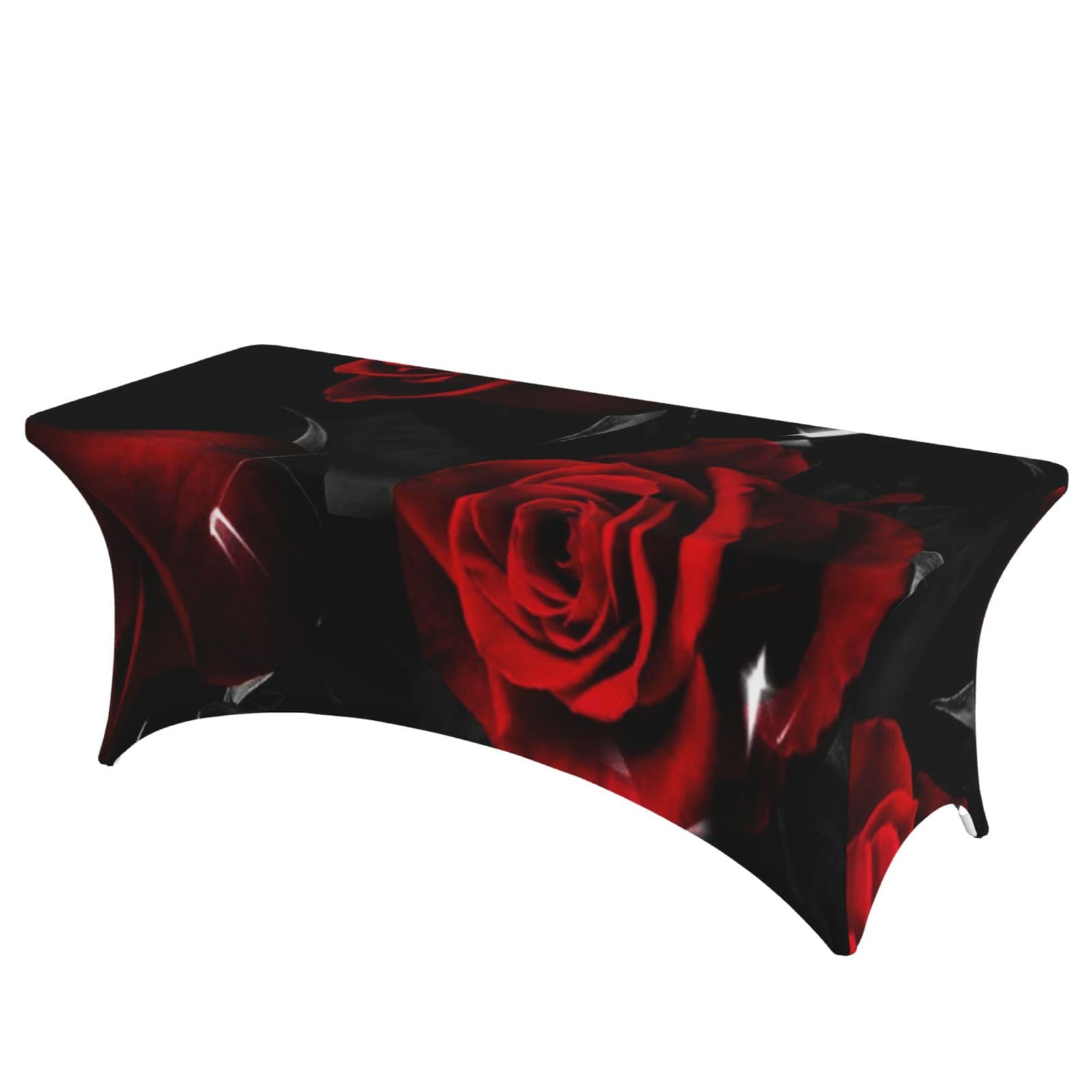 DCEHGEW 6FT Spandex Rectangular Table Cloth, Red Rose Printed Fitted Elastic Tablecloths Washable Table Cover for Event, Wedding, Banquet & Party